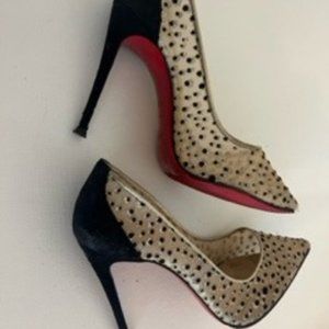 CHRISTIAN LOUBOUTIN Follies Lace 100 nude mesh black glitter speckle pump EU37